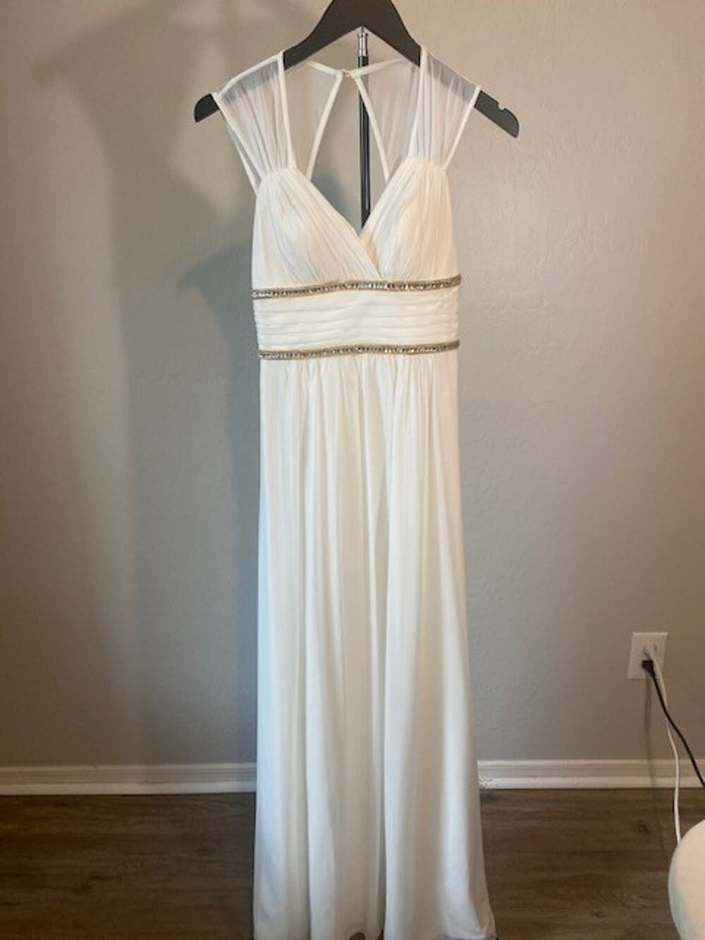 Blondie Nites White Empire Waist Formal Gown Size 1 Beaded Chiffon Prom Dress
